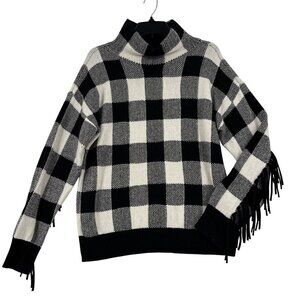Ralph Lauren Fringe Sweater Size M Black White Buffalo Plaid Wool Blend